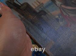 Petit Tableau Ancien Peinture Huile sur Toile Animal Chien Fille Enfant XIXeme