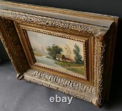 Petit Tableau peinture Ancien Paysage animé étang Barbizon cadre à clés fin XIXe