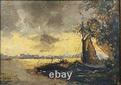 Petit tableau Ancien Huile sur bois Paysage barque voile signé XIXe
