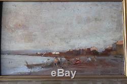 Petit tableau ancien HSP Scène de plage Anonyme