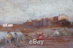 Petit tableau ancien HSP Scène de plage Anonyme