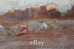 Petit tableau ancien HSP Scène de plage Anonyme