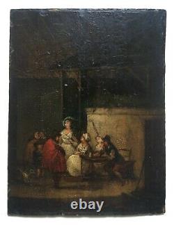 Petit tableau ancien, Scène de taverne, Huile sur panneau, Teniers, XVIIIe