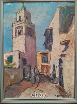 Pierre ARATA 1910 2004 Ancien Tableau Orientaliste Rue animée huile au couteau