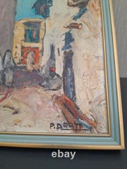 Pierre ARATA 1910 2004 Ancien Tableau Orientaliste Rue animée huile au couteau