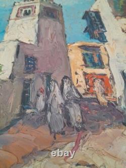 Pierre ARATA 1910 2004 Ancien Tableau Orientaliste Rue animée huile au couteau