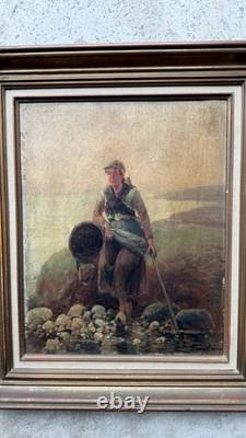 Pierre Testu Tableau ancien XIXE Pêche Moules Bretagne Normandie signé