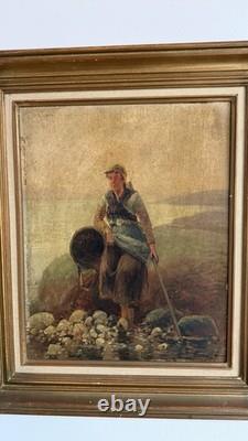 Pierre Testu Tableau ancien XIXE Pêche Moules Bretagne Normandie signé
