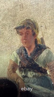 Pierre Testu Tableau ancien XIXE Pêche Moules Bretagne Normandie signé
