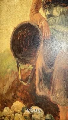 Pierre Testu Tableau ancien XIXE Pêche Moules Bretagne Normandie signé