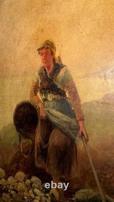 Pierre Testu Tableau ancien XIXE Pêche Moules Bretagne Normandie signé