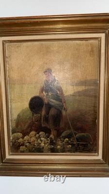 Pierre Testu Tableau ancien XIXE Pêche Moules Bretagne Normandie signé