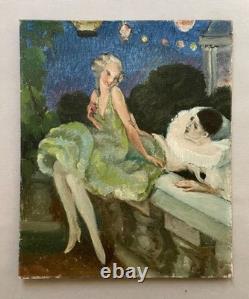 Pierrot et colombine, huile sur carton toilé, tableau ancien, peinture