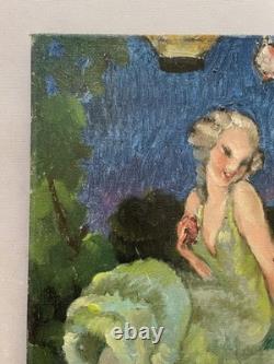 Pierrot et colombine, huile sur carton toilé, tableau ancien, peinture