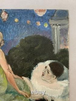 Pierrot et colombine, huile sur carton toilé, tableau ancien, peinture