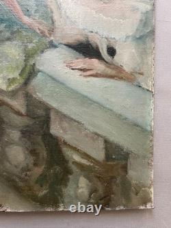Pierrot et colombine, huile sur carton toilé, tableau ancien, peinture