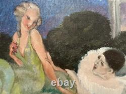 Pierrot et colombine, huile sur carton toilé, tableau ancien, peinture