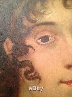Portrait de Jeune Femme Tableau ancien XIXe Huile sur Toile romantique 19ème