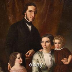 Portrait de famille signé daté 1855 peinture à l'huile sur toile tableau ancien