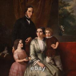 Portrait de famille signé daté 1855 peinture à l'huile sur toile tableau ancien