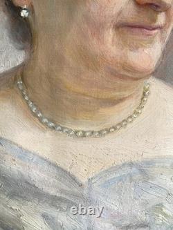 Portrait de femme au collier de perles Tableau Ancien Huile XIX À Restaurer