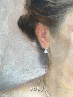 Portrait de femme au collier de perles Tableau Ancien Huile XIX À Restaurer