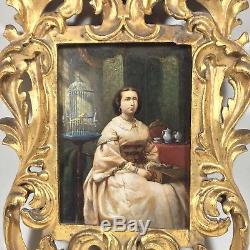 Portrait femme assise, tableau ancien sur panneau