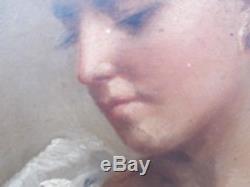 Portrait jeune fille huile sur panneau tableau ancien cadre sculpté bois ancien