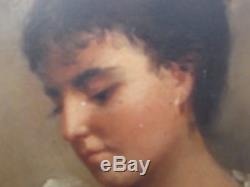 Portrait jeune fille huile sur panneau tableau ancien cadre sculpté bois ancien