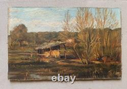 Prairie aux environs d'Antibes, huile sur carton, tableau ancien, peinture, 1892