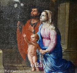 RELIGIEUX PEINTURE A L'HUILE XVIIe'SANTA FAMILIA' TABLEAU ANCIEN CADRE ITALIE