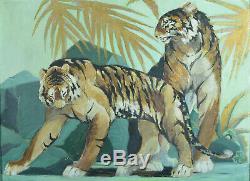 Rare Tableau ancien Tigres Fauve Orientaliste PAUL JOUVE ART DECO SIGNÉ HST 1930