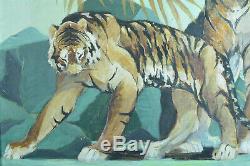 Rare Tableau ancien Tigres Fauve Orientaliste PAUL JOUVE ART DECO SIGNÉ HST 1930