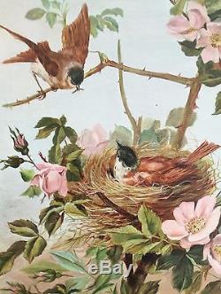 Rare, ancien tableau, HST, nature, oiseaux, japonisant, Signé M. L Chevrier fin XIXème