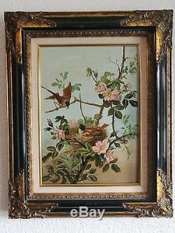 Rare, ancien tableau, HST, nature, oiseaux, japonisant, Signé M. L Chevrier fin XIXème