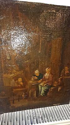 Rare ancien tableau, huile sur toile, scène de taverne, hollandais, XVIIème siècle