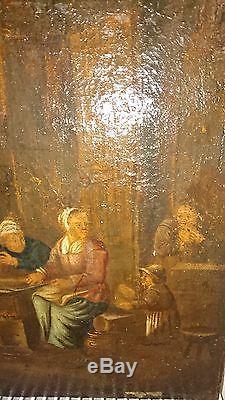 Rare ancien tableau, huile sur toile, scène de taverne, hollandais, XVIIème siècle