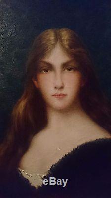 Rare, ancien tableau, huile, toile, portrait fille, d'après Jean-jacques Henner, XIXèm