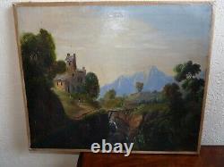 Rare ancienne Peinture à l'huile tableaux 18ème Paysage montagnes
