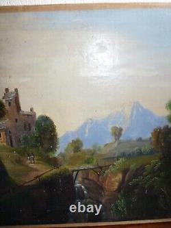 Rare ancienne Peinture à l'huile tableaux 18ème Paysage montagnes