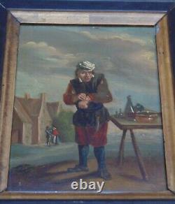 Rare magnifique ancien TABLEAU huile sur cuivre 18 eme le rebouteux très fin dét