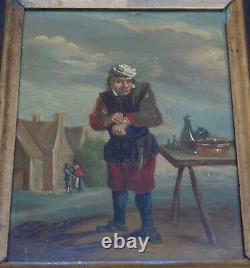 Rare magnifique ancien TABLEAU huile sur cuivre 18 eme le rebouteux très fin dét