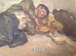 Rare tableau ancien impressionniste clochard endormi huile de Renée Unik c1940