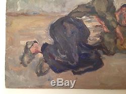 Rare tableau ancien impressionniste clochard endormi huile de Renée Unik c1940