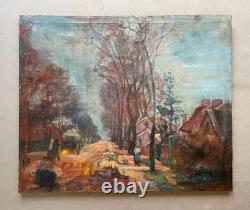 Rue animée, huile sur toile, signature à identifier, tableau ancien, peinture