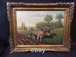 SCÈNE AGRICOLE 19èm tableau ancien peinture France vache bouf charrue paysan