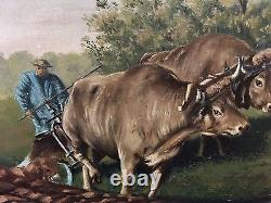 SCÈNE AGRICOLE 19èm tableau ancien peinture France vache bouf charrue paysan