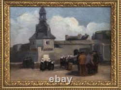 SUPERBE ancien TABLEAU PEINTURE HST BRETAGNE BRETONS CONCARNEAU H. BARNOUIN