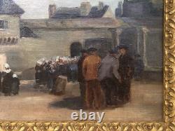SUPERBE ancien TABLEAU PEINTURE HST BRETAGNE BRETONS CONCARNEAU H. BARNOUIN