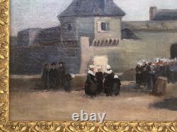 SUPERBE ancien TABLEAU PEINTURE HST BRETAGNE BRETONS CONCARNEAU H. BARNOUIN